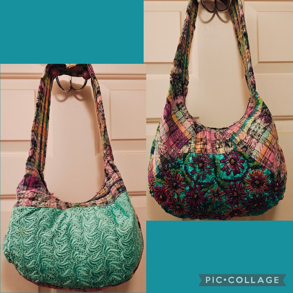 Vtg Patchwork Multi Pattern Double Sided Beaded E… - image 1